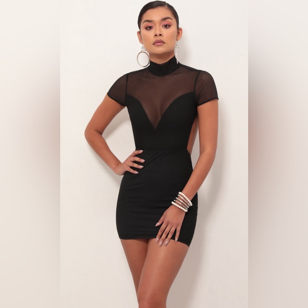 Black mini dress with open back and sheer top - Lucy in the Sky